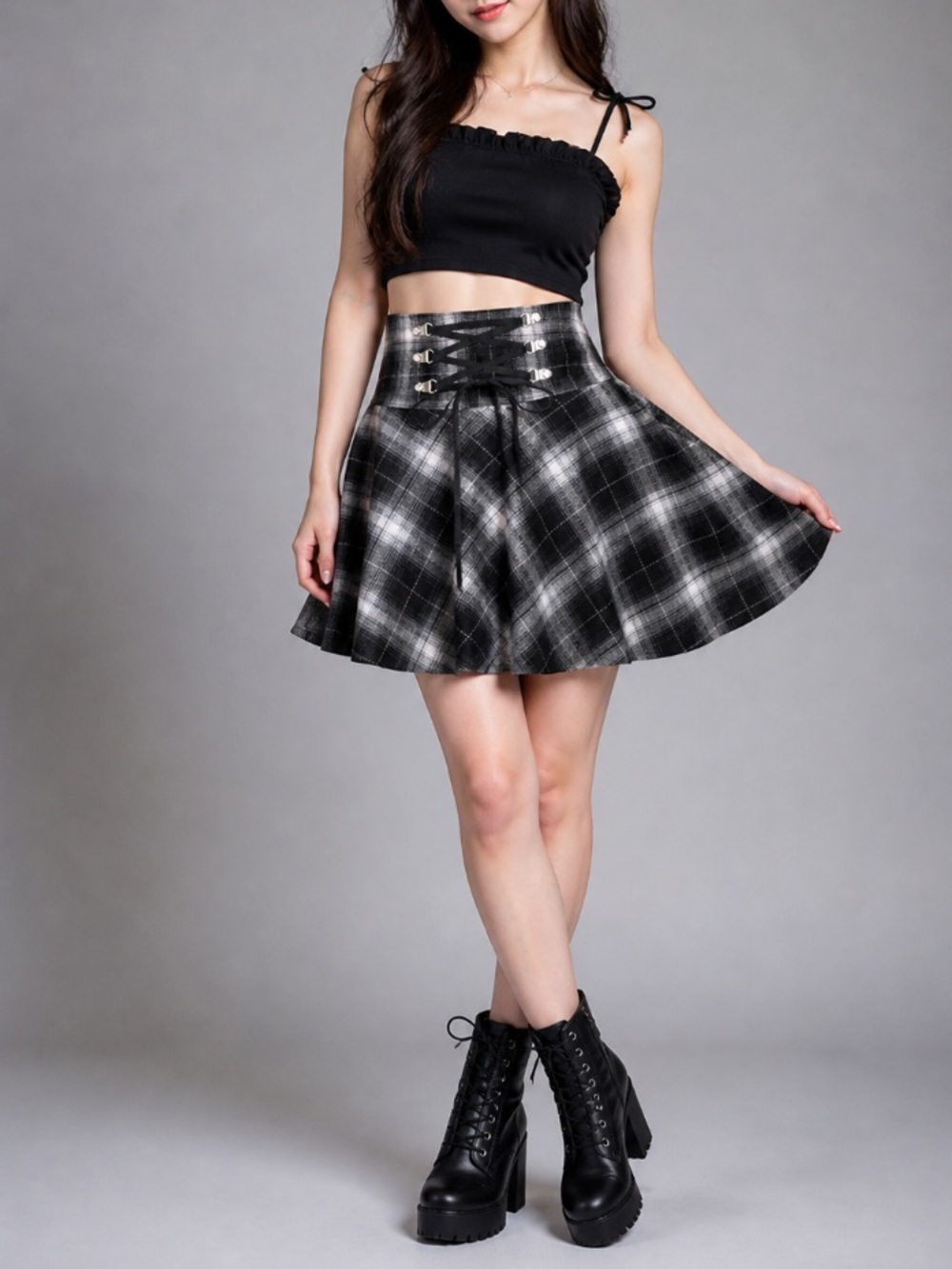 🔥 NWT TONCHENGSD black/white gothic punk plaid , high waist, mini skirt,S.